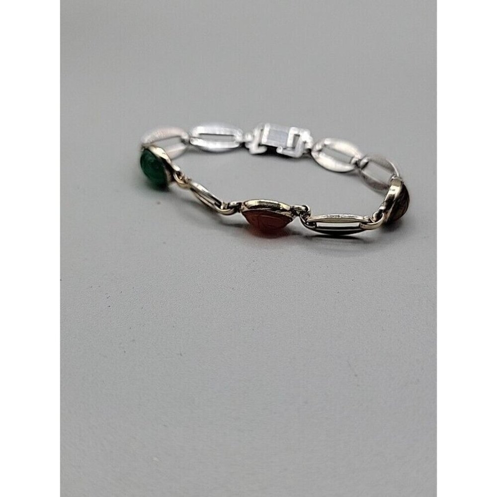 14k W. E. Richards Co. Symmetalic Sterling & Scarab Bracelet 6" Gemstones 1940s - Picture 7 of 15